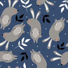 Bunnies, leaves, hand drawn backdrop. Colorful seamless pattern with animals. Decorative cute wallpaper, good for printing. Overlapping background vector. Design illustration, rabbits