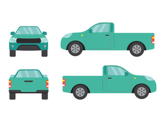 Set of green pickup truck single cab car view on white background,illustration vector,Side, front, back - obrazy, fototapety, plakaty