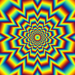 Pulsing fiery flower in techno styler. Optical illusion of movement.