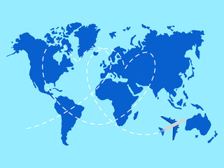 Love travel concept illustration in vector. Airplane flying and leave a white dashed trace line.