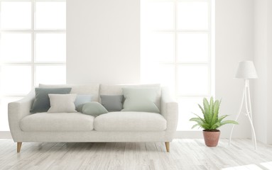 Stylish room in white color with sofa. Scandinavian interior design. 3D illustration
