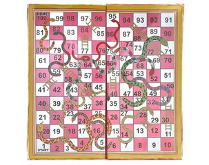 Ludo snake board isolated on white background. Ludo is a strategy board game for two to four...