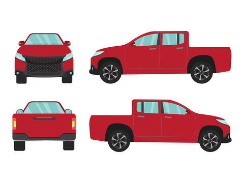 Set of red pickup truck car view on white background,illustration vector,Side, front, back