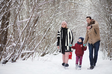 Fototapeta na wymiar Young family with children are walking in the winter park. Winter walk of parents with children. Walking on a holiday weekend in the winter.