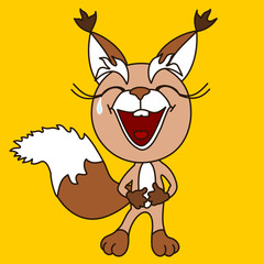 ha-ha emoticon with a funny laughing laugh squirrel that stands and holds on to his stomach from nicker, color emoji on yellow isolated background