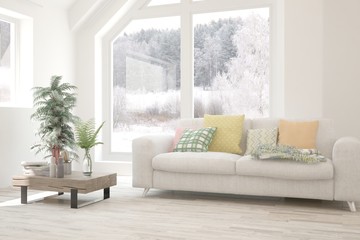 Fototapeta premium Stylish room in white color with sofa and summer landscape in window. Scandinavian interior design. 3D illustration
