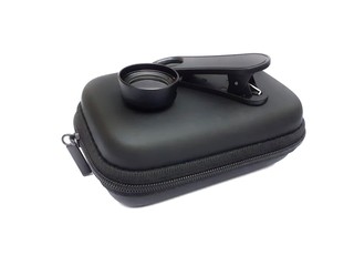Mobile phone black macro lens with holding clip and case isolated on white background. 20x macro lens for smartphone.