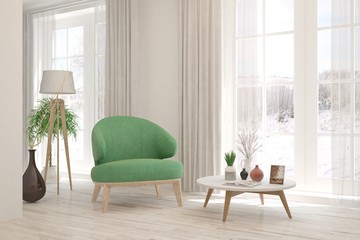 White room with armchair and winter landscape in window. Scandinavian interior design. 3D illustration