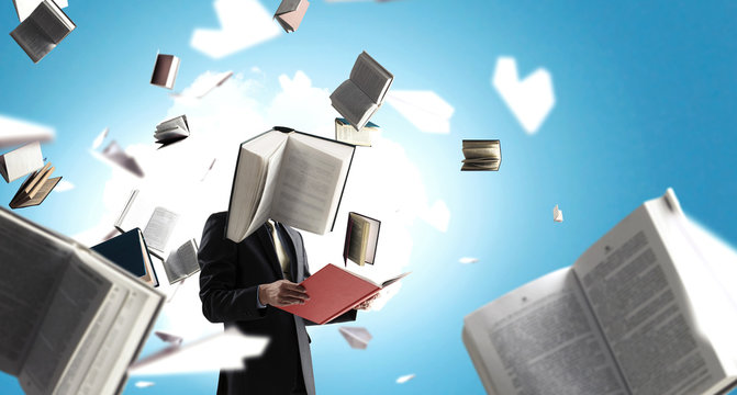 His head full of knowledge. Mixed media