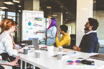 Group of multi ethnic executives discussing during a meeting. Business man and woman sitting around table at office and smiling. A team of young creative designers