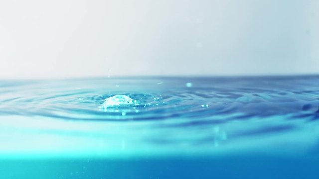 The clean water surface in slow motion fills the screen with water splashing shop the water drop and waving liquid surface with an air bubble. 1080p 29.97fps