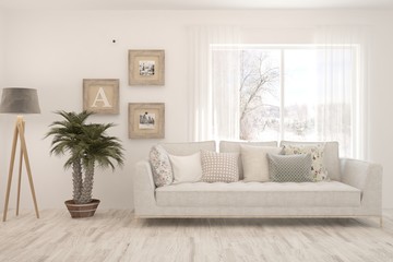 Stylish room in white color with sofa and winter landscape in window. Scandinavian interior design. 3D illustration