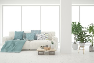 Fototapeta premium Stylish room in white color with sofa. Scandinavian interior design. 3D illustration