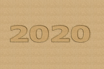 Happy New Year 2020 logo with sand design. Cover of business diary for 2020 with wishes. Brochure design template, card, banner. On sand background.