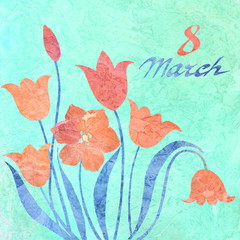 Tulips. Spring flowers. Trendy colors coral red ,green,violet.International women's day 8 March .Watercolor, decorative collage for postcard design, bag, banner
