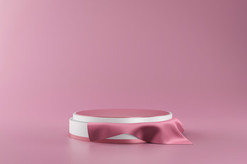 White pedestal or podium display with pink fabric platform on valentines concept background. Blank cosmetic shelf stand for showing product. 3D rendering.