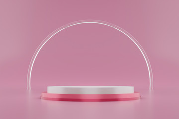 Pink pedestal or podium display with glass ring platform on valentines concept background. Blank cosmetic shelf stand for showing product. 3D rendering.