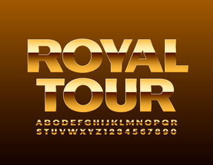 Vector chic banner Royal Tour. Golden shiny Font. Elite Alphabet Letters and Numbers