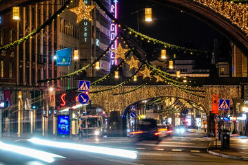 Stockholm, Sweden Christmas decorations on Kungsgatan at Christmas time.