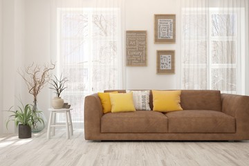 Stylish room in white color with sofa. Scandinavian interior design. 3D illustration