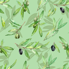 Seamless pattern with watercolor leaves and olive fruits. Print for textiles.