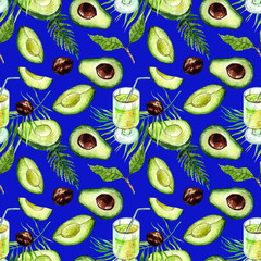 hand-drawn watercolor green avocado, cocktail and tropical branches on a seamless blue background for use in design, textiles, wallpaper, wrapping paper, stationery, fashion