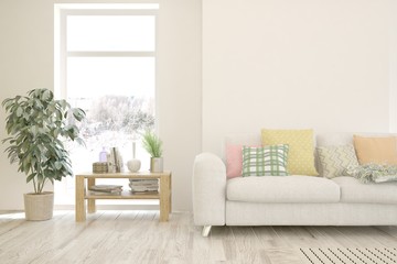 Stylish room in white color with sofa and winter landscape in window. Scandinavian interior design. 3D illustration