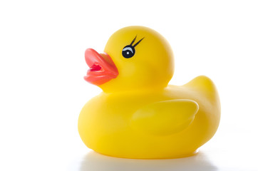 yellow rubber duck baby toy on white background