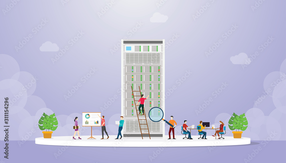 Poster server monitoring analysis service team with people work analyze performance with modern flat style 