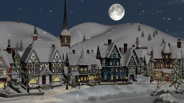 View of a small town or village on a winter night at Christmas.