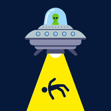 UFO abducts a person at night for experiments. cosmic ray. flat vector illustration.
