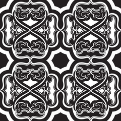 Vector seamless pattern of geometric and floral elements in blac