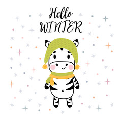 Christmas card with cute little zebra. Funny winter animals, cartoon character. Inspiration phrase Hello winter. Hand drawn lettering. Printable greeting postcard design