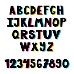 Colorful set of hand drawn font. School English alphabet. Multicolored bright letters. Cute cartoon style. Kid style drawing font