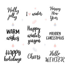 Set of hand drawn Merry Christmas and Happy New Year lettering, wishes, sayings. Calligraphy for design greeting cards, posters or invitations