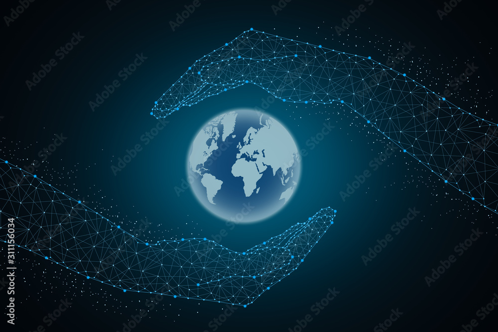 Poster hands touching global connection concept. futuristic technology. lines, triangles and particle style