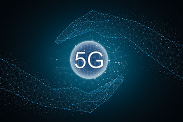 Hands touching global connection concept. Futuristic technology. Lines, triangles and particle style design