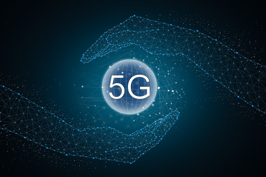 Hands touching global connection concept. Futuristic technology. Lines, triangles and particle style design