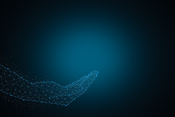 Wireframe hand sign mesh from a starry on blue background