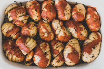 potato bake with herbs about to go in the oven