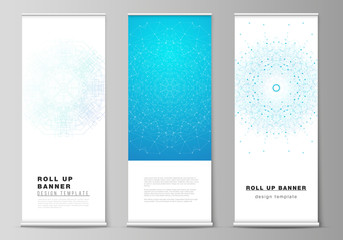 Fototapeta na wymiar The vector layout of roll up banner stands, vertical flyers, flags design business templates. Big Data Visualization, geometric communication background with connected lines and dots.