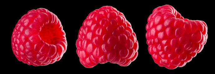 Set of raspberry with reflection isolated on black background