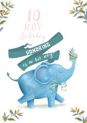 Cute watercolor Elephant with gift of flowers and green bow. Greeting baby shower card with leaves, flowers background and ribbon