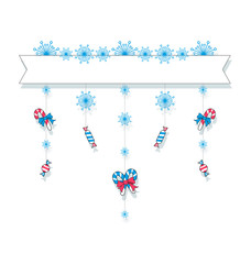 Christmas, New year garland. Holiday sweets and snowflakes. Winter festive background with candies, striped lollipops and decorative snowflakes on white background. Vector isolated illustration.