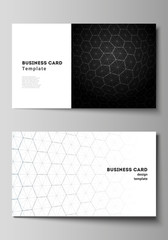 Vector illustration layout of two creative business cards design templates. Digital technology and big data concept with hexagons, connecting dots and lines, polygonal science medical background.
