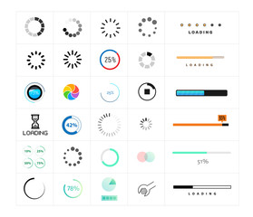 Preloaders and progress bar. Web preloader. Round progress bar. Set of loading elements. Loading and buffering icon. Collection of modern preloaders and progress loading bars. Vector set of preloaders