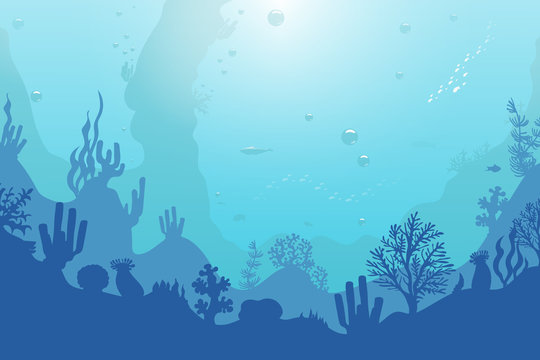 Ocean underwater background with coral reef, plants, fishes and bubbles. Sea, seascape, undersea vector illustration