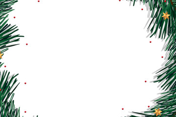 Merry Christmas and Happy New Year Greeting Card. Invitation design. Christmas tree branches on white background. Holiday decoration elements.