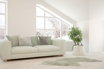 Stylish room in white color with sofa and winter landscape in window. Scandinavian interior design. 3D illustration