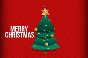 Merry Christmas greeting card in red background with decoration tree.